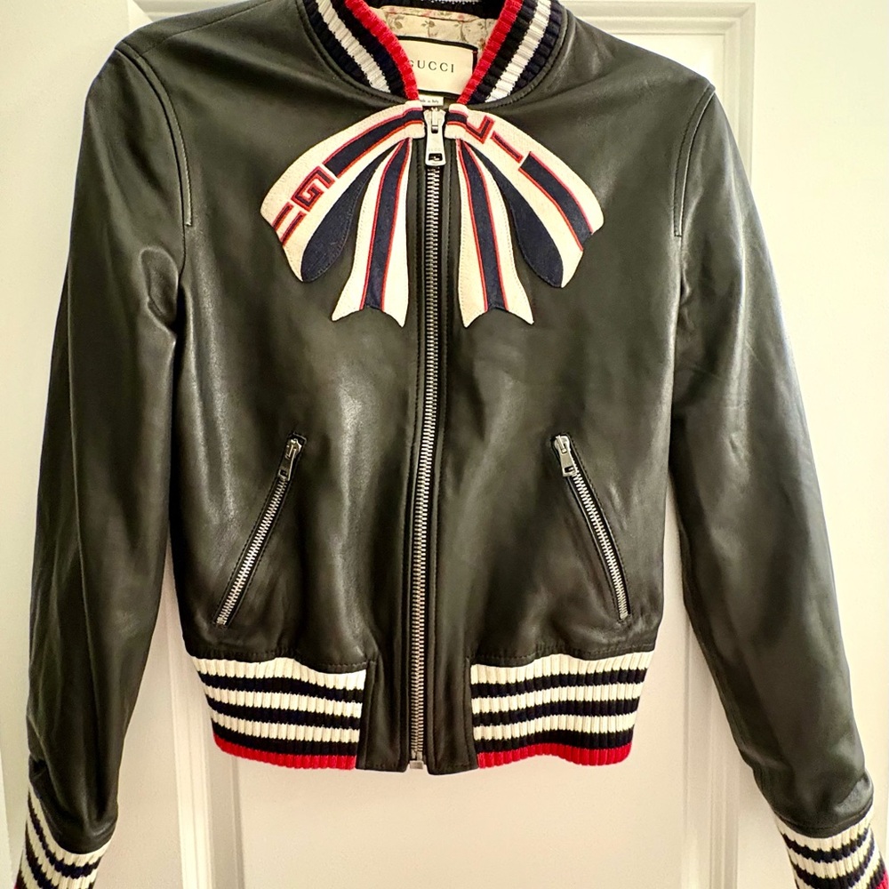 Gucci Black leather Jacket with Bow Red and White Accents